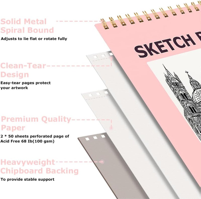 Hapikalor 9" x 12" Sketch Book, 2-Pack 50 Sheets Spiral Bound Art Sketchbook, Acid Free Artist Drawing Book Paper, Art Supplies for Kids, Craft Activities, Sketch Paper for Drawing Coloring Sketching(Pink) - Image 2